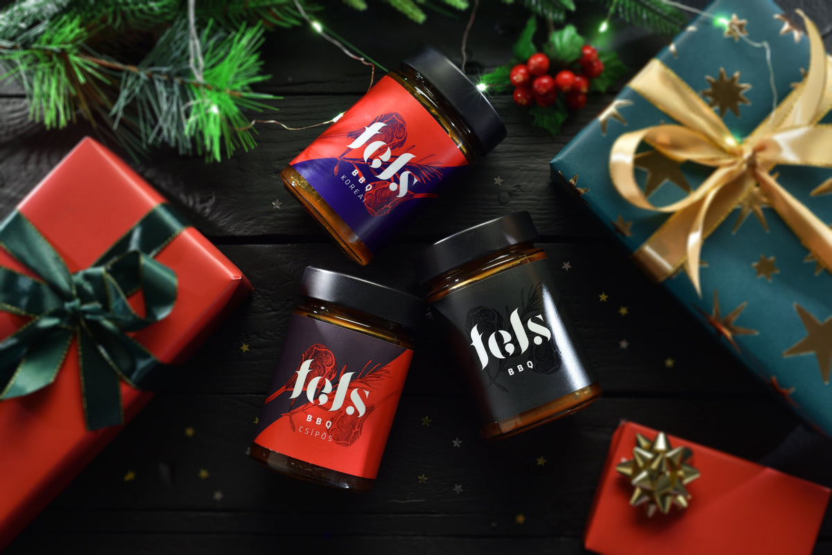FELS BBQ Deluxe prémium szószválogatás elegáns díszdobozban – egyedi gasztroajándék vendégségbe